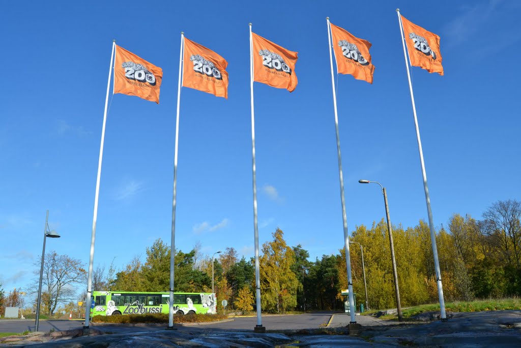 Row of Korkeasaari flags by Petteri Kantokari