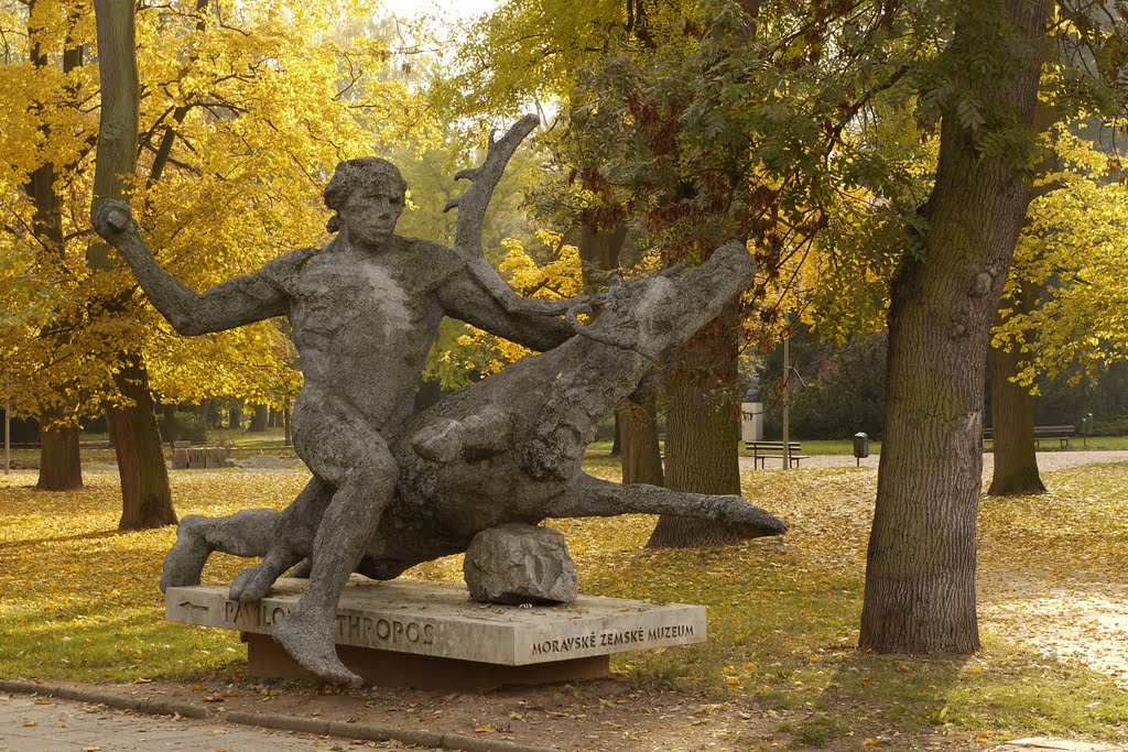 Statue of Neanderthal man near Anthropos museum by Pavel Perina