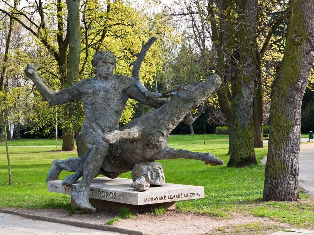 Statue of Neanderthal man near Anthropos museum by Pavel Perina