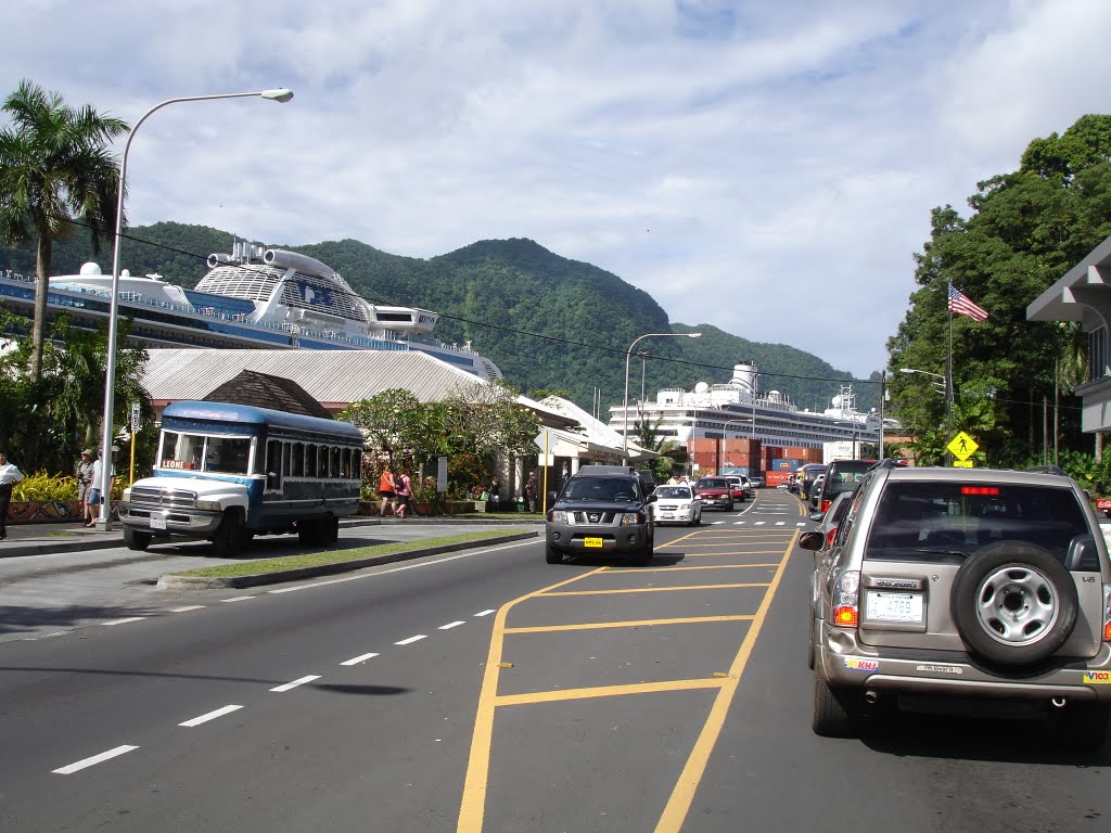 Downtown Fagatogo, American Samoa with two cruise ships in port by Barney Sene