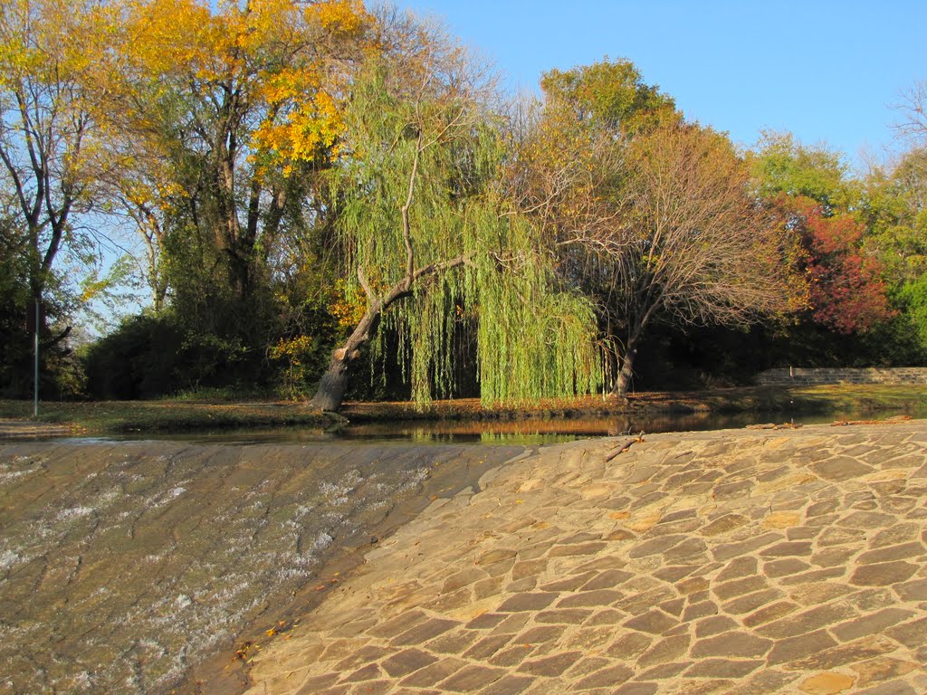 Water flowing over the dam with autumn-colored foliage in the background by WOLFGANG DEMINO