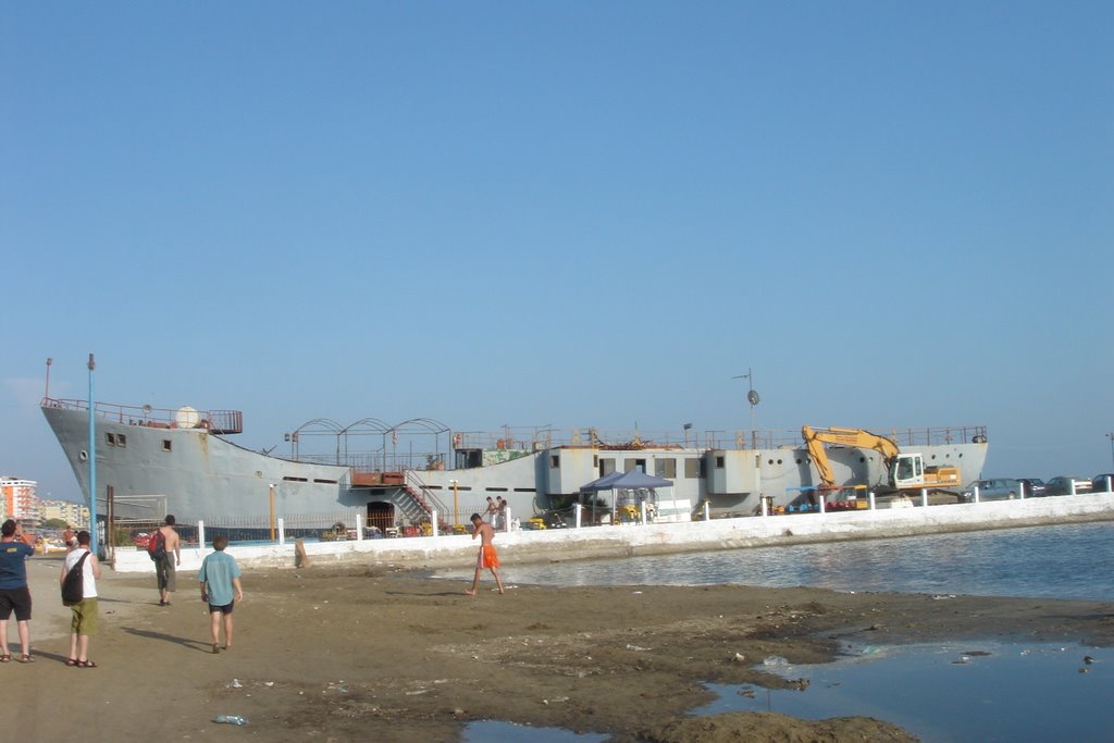 Durres beach with ship by Mike Forster