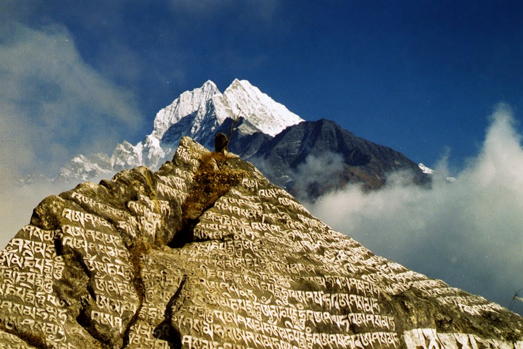 Buddhist mantras painted on stones on the trail to Khumbu Nepal by David Broad