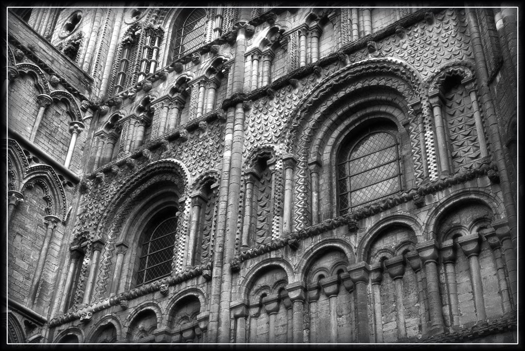 West Wall, Ely Cathedral, b&w by PigleT