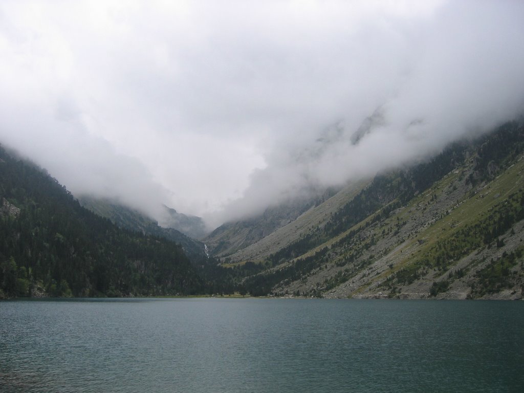 Lac de Gaube, view towards Vignemale, cloudy 1 by anton_grahnat