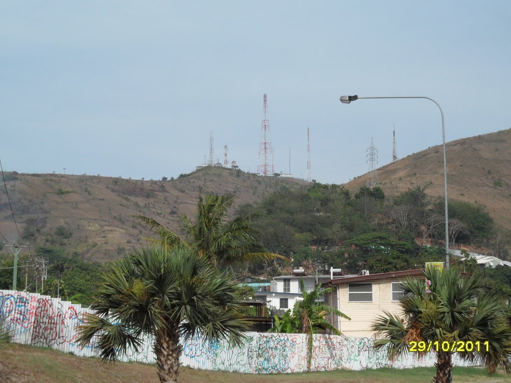 View from Cheshire Homes along Wards Road, looking up to Communication Towers on top of Burns Peak Hills above HOHOLA area, on 29-10-2011 by Peter John Tate,