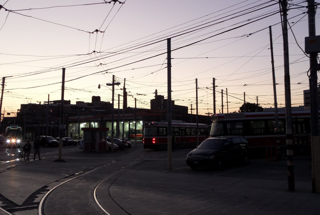 Streetcars going home for night... - Roncesvalles carhouse at evening dusk 1 by IngolfBLN