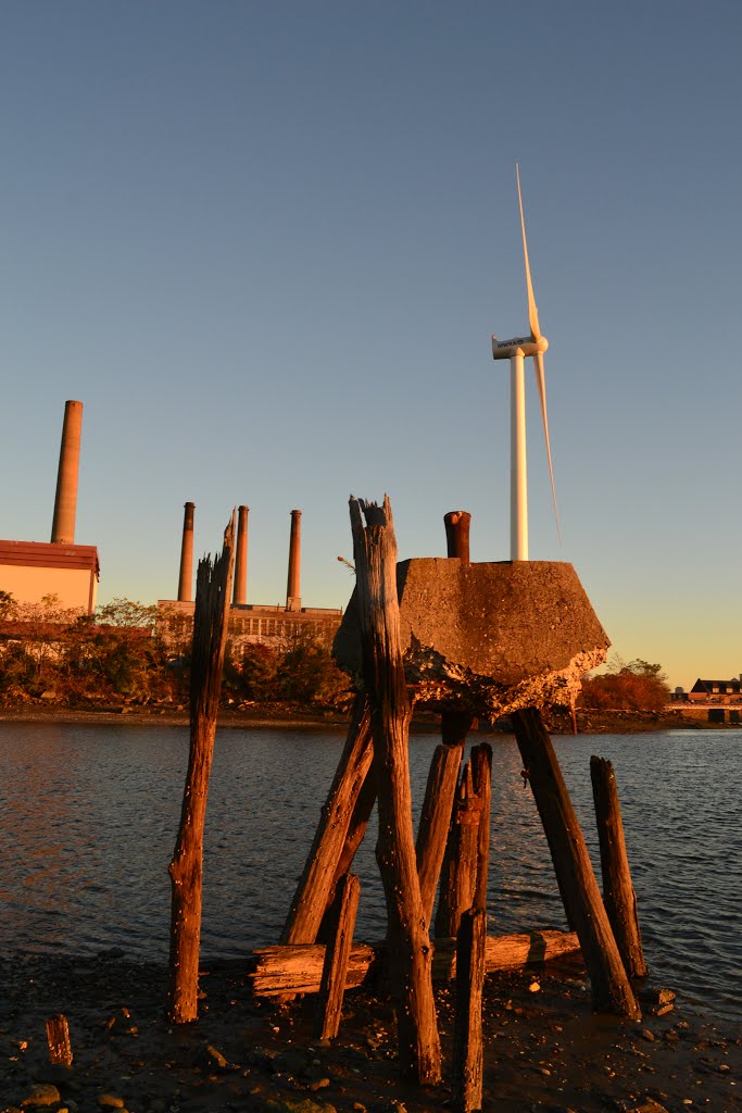 Old ruined Pier, Boston Edison & New Wind Turbine by weirdpix