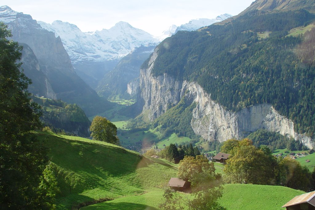 Looking south downward toward valley from cog railway, near Wengen, Switzerland (10-1-2007) by Ken Badgley