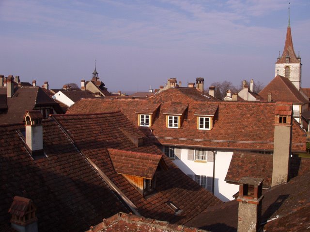 110 Murten, Dächer der Altstadt, Deutsche Kirche by Daniel Meyer