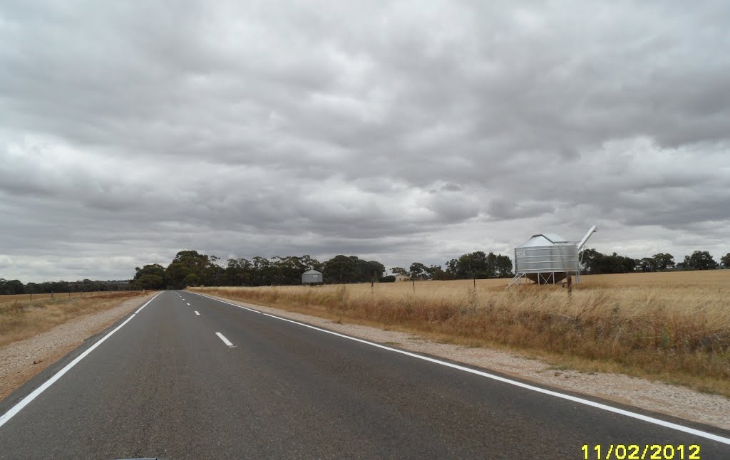 Passing Farm Grain Mobile Silosin Paddocks alongside of Daveyston Road near Freeling area, on 11-02-2012 by Peter John Tate,