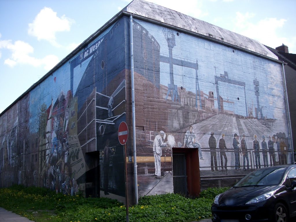 Wandbild/mural 1 of 2: Geschichte der A.G. Weser und des Stadteils / history of the AG Weser and Bremen's quarter Gröpelingen by silberner Reiter