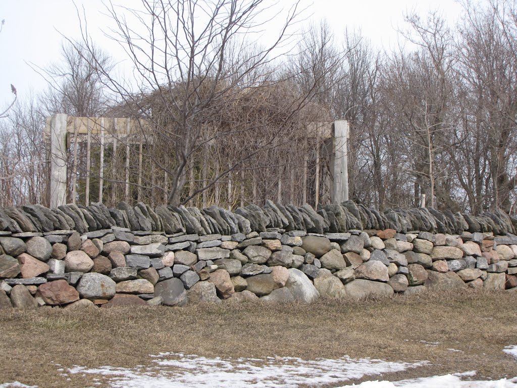 Scottish/Irish or Celtic style fence made with granite hard head rocks. This is very unique. Granite hard heads were transported here from about 100 km. to the north, by the glaciers in the last ice age, the cap stones are local limestone. This fence is about 160 years old, and it was built without any mortar. by Steve Manders