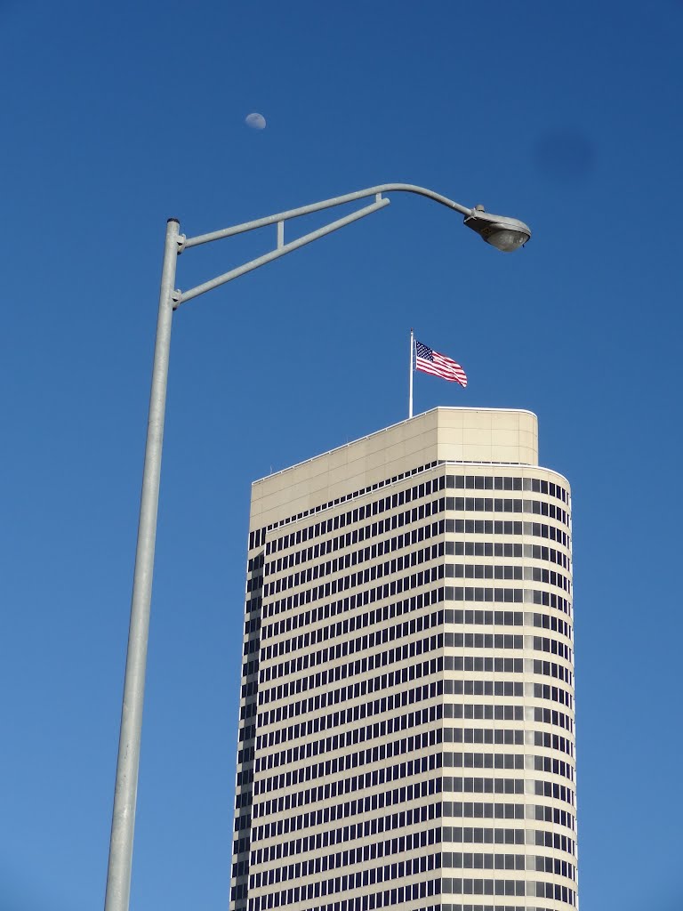 AIG Office Tower with lamp post and moon by Wolfgang Houston