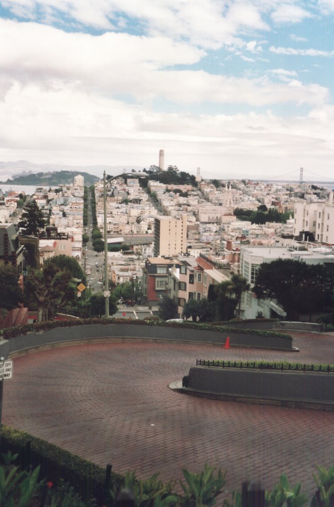 Lombard Steet with Coit Tower and Oakland Bay bridge in background by paulbunker