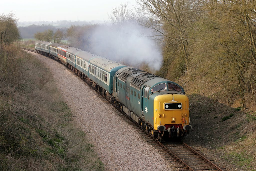 55022 powers up Danemoor Bank on the 16:10 East Dereham to Wymondham Abbey during the Mid Norfolk diesel gala on Friday 30th March 2012. by MickB.