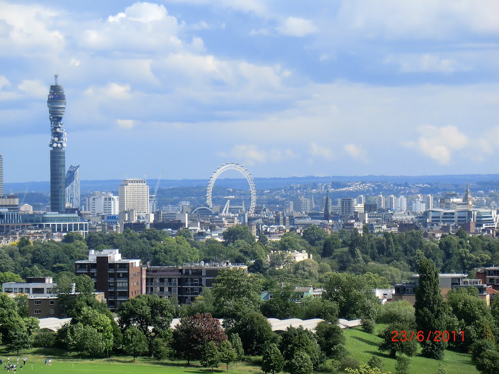 View of BT tower and London Eye from Swiss Cottage by eena