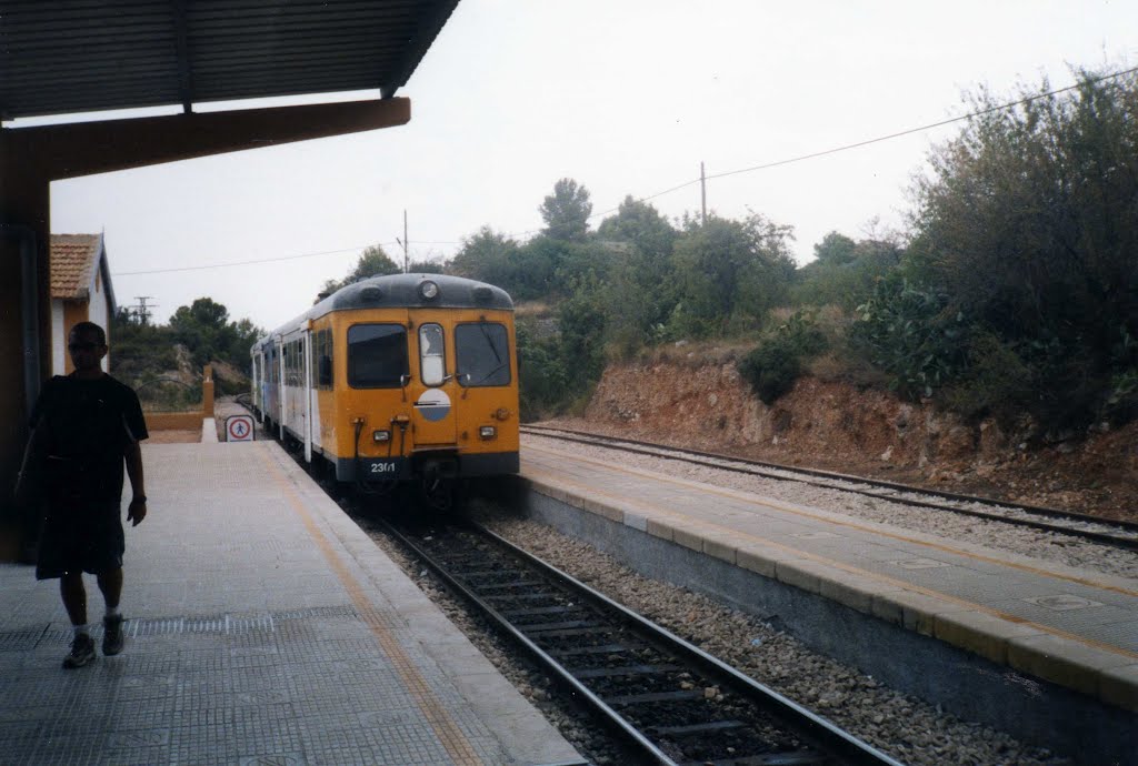 El tren y un pasajero en la estacion de calpe by pintatrenes