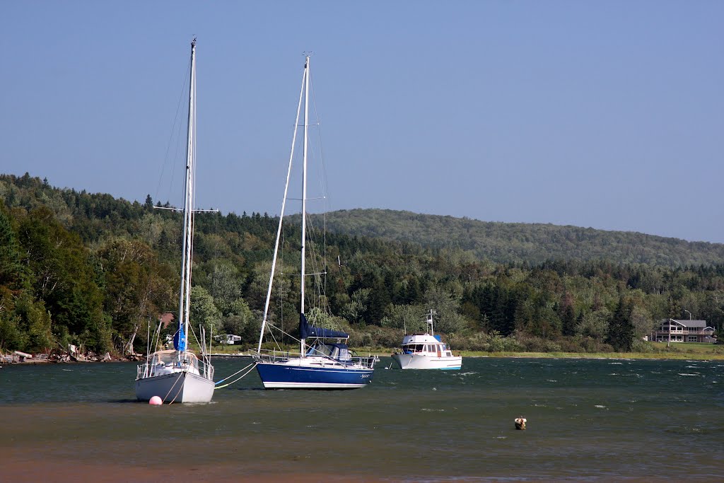 McAdam Point, Northside East Bay, Bras d'Or Lakes, Cape Breton Island, NS. Sailboats on Moorings on a Windy Day. by Ken Heaton