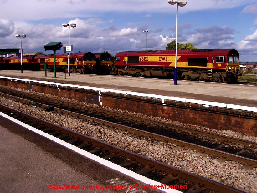 Four Class 66 EWS Diesel Locomotives Photo, at Didcot, England, 2004 by Charles Moorhen