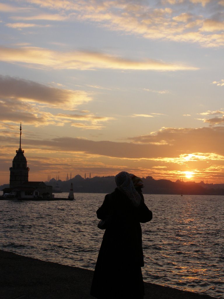 Kizkulesi from Üsküdar with Turkish woman on the forefront by Luis Guillermo Cota