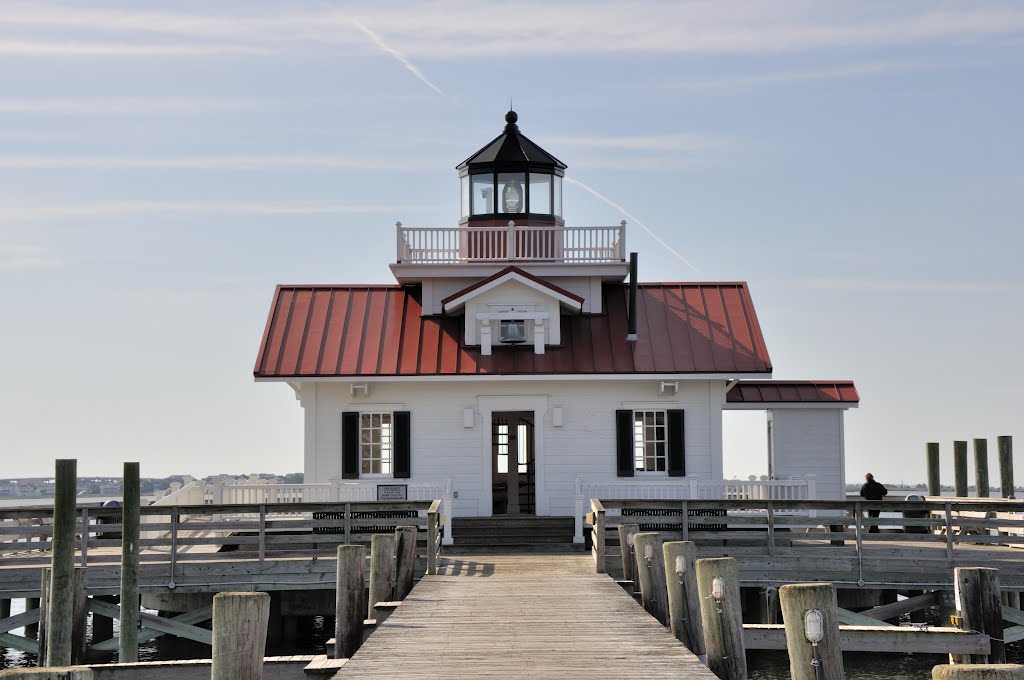 NORTH CAROLINA: ROANOKE ISLAND: MANTEO: Roanoke Marshes Lighthouse on Shallowbag Bay: approach from Manteo Waterfront by Douglas W. Reynolds, Jr.