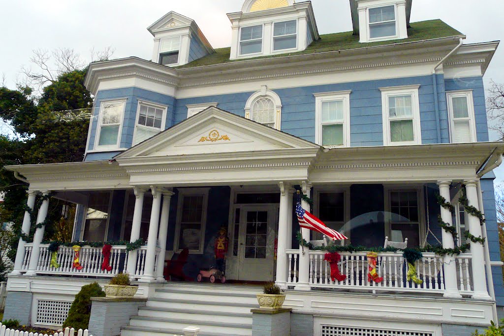 Blue House w/white trim Cape May NJ Christmastime by Geraldine Clark