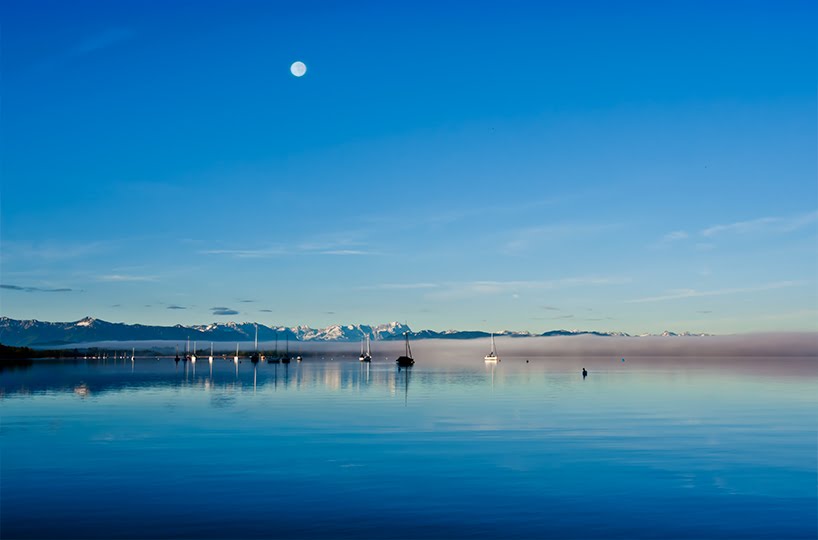 Morning moon, lake starnberg by michael baumann