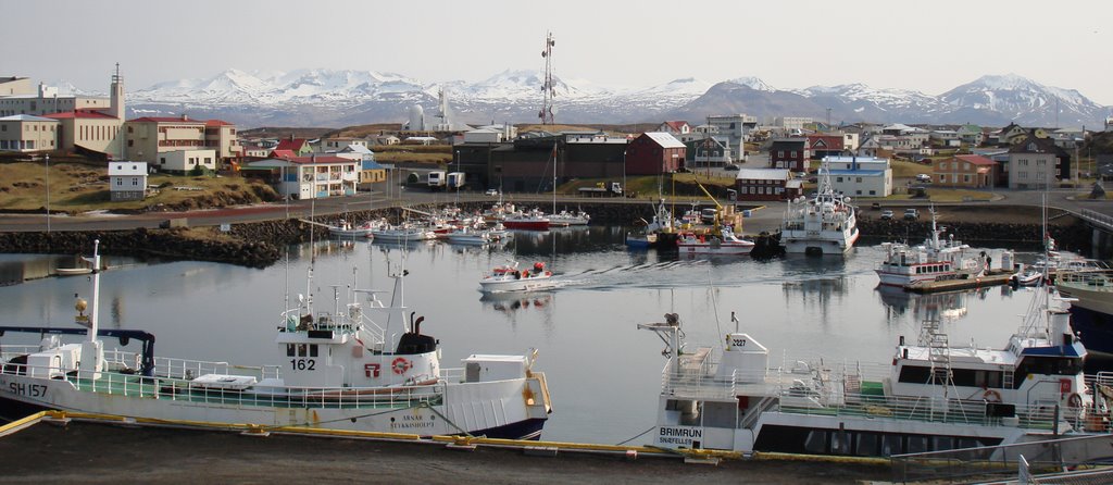 Harbor, Town, Mountains by G Barber