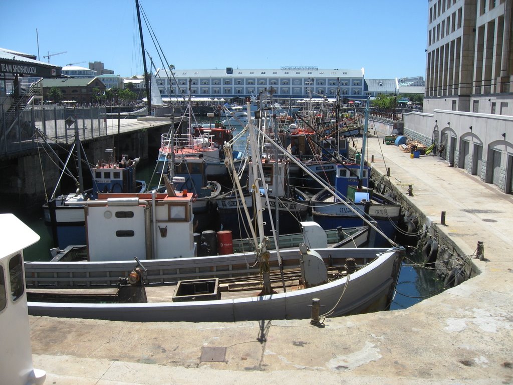 Boats of subsistance fishermen crammed into a side arm of Cape Town Harbour. Victoria & Albert Waterfront in the background by legalalien