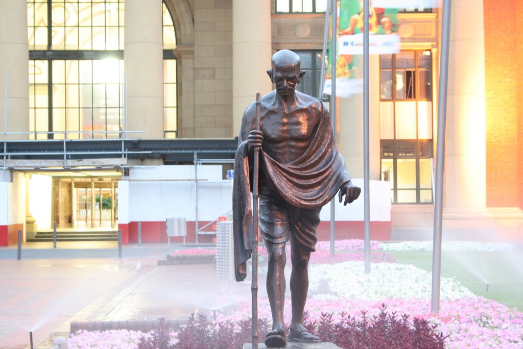 Mahatma Ghandi; Life size bronze outside Wellington Railway Station by D B W