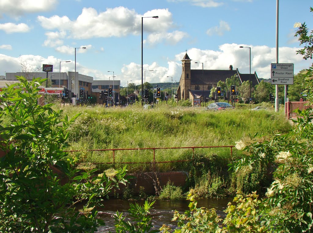 Looking over the River Loxley towards Swann Morton and St. John the Baptist church, Penistone Road, Sheffield S6 by sixxsix