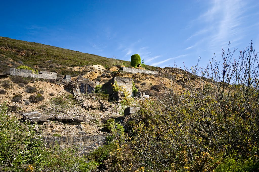 Crusher works remains and truncated ivy covered stack at Tywarnhayle Mine, Porthtowan by Tristan Barratt