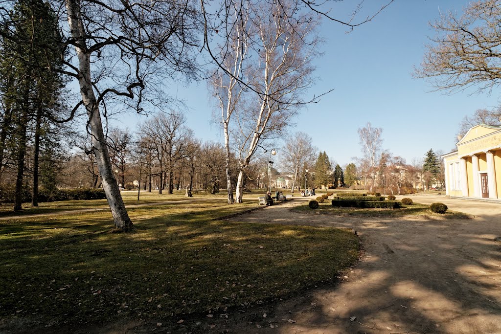 Františkovy Lázně - Spa Park at Dvorany Glauberových pramenů / Glauber Springs Court 1930 by Ernst Engelhardt - View NNW towards Mother & Child Statue (for which fertility treatments this Spa is reknown) by txllxt