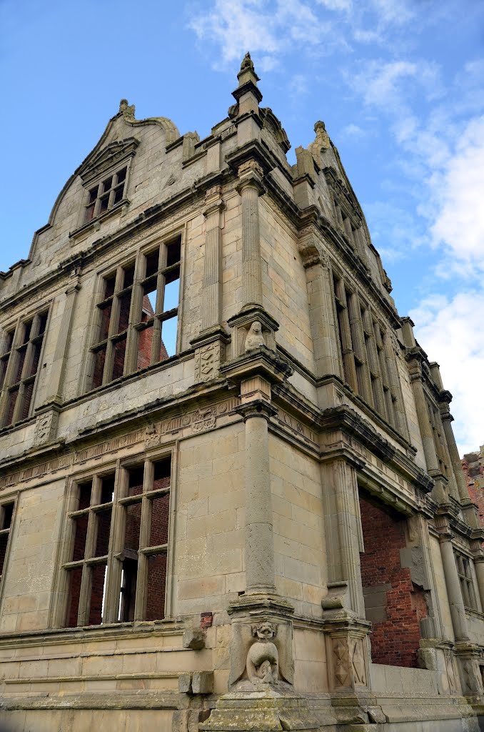 Details of the west front on the hall showing a chimera by Amelia Royan