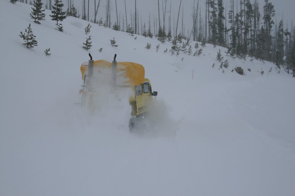 Snow coach heading North to Old Faithful, Yellowstone National Park, Wyoming by Richard Ryer