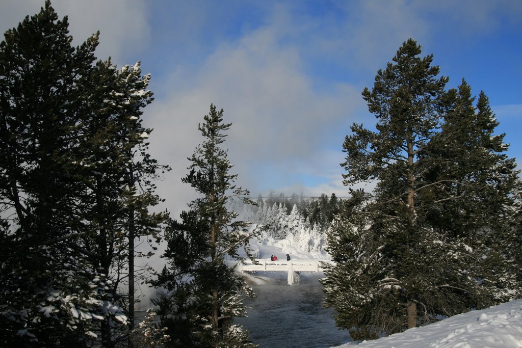 Film crew on footbridge to Midway Geyser Basin, Yellowstone National Park, Wyoming by Richard Ryer