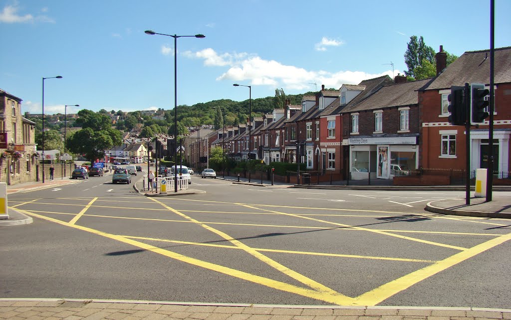 Looking over 'Keep Clear' grid at the junction of Abbey Lane/Chesterfield Road/Meadowhead down Chesterfield Road, Sheffield S8 by sixxsix