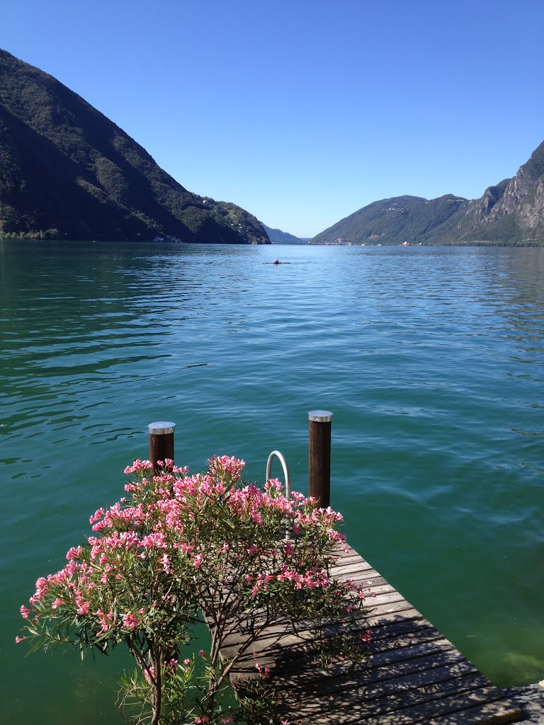 Gandria (Canton Ticino, Svizzera); lago, canoa e pontile con fiori, 27 agosto 2012 by Signor Darcy