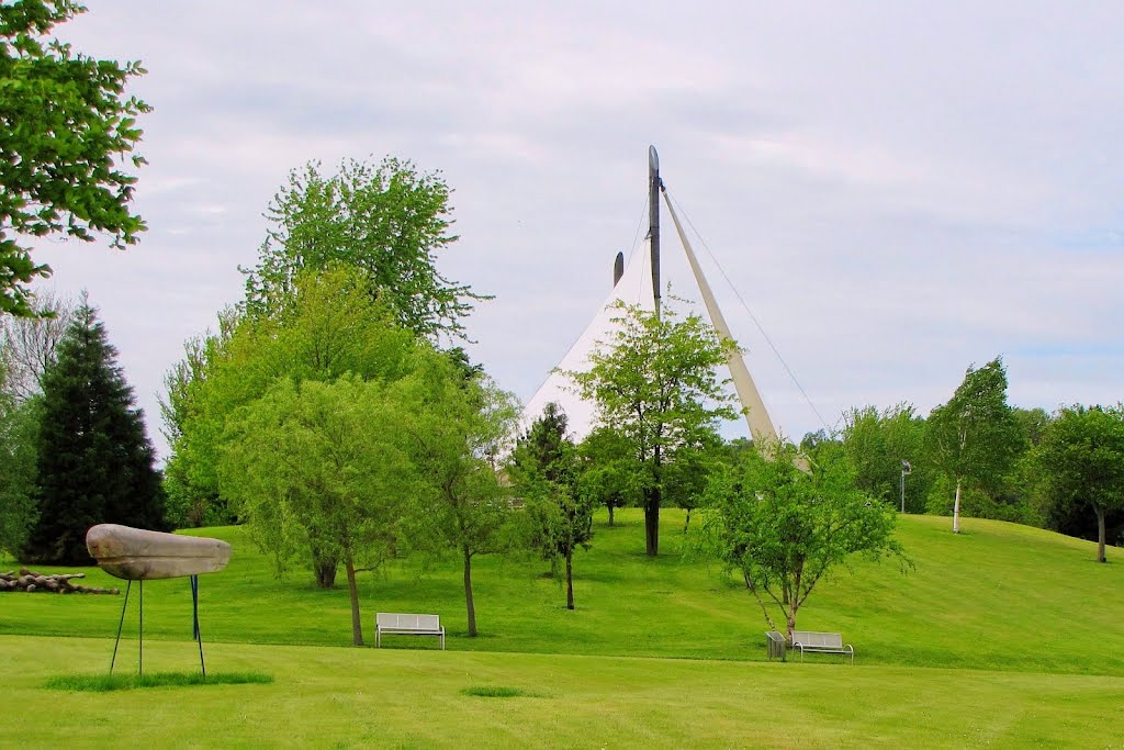 Kurpark Bad Schlema - Blick zum Sonnensegel und zur Holzskulptur "Amphibian" (links) von Sasho Sazdovski by Rudolf Henkel