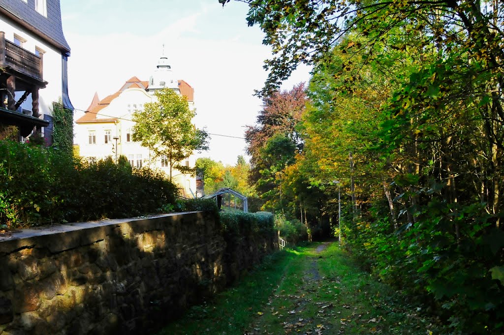 Johanngeorgenstadt, Bahnhofsteig (Blick talwärts): Gleich haben wir den Aufstieg voller Eindrücke bis zur Unteren Gasse geschafft. Nur noch einmal zurück blicken, in Richtung der Pollertreppe. by Egbert Bueschel