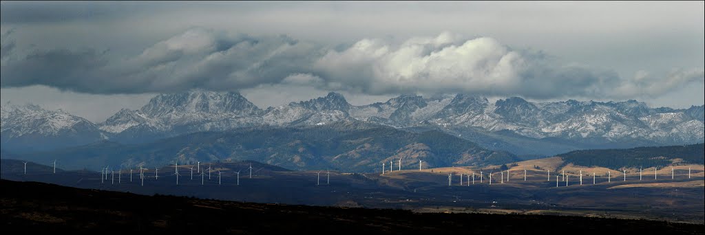 Frosted mountains and wind turbines - 201210LJW by Larry Workman QIN