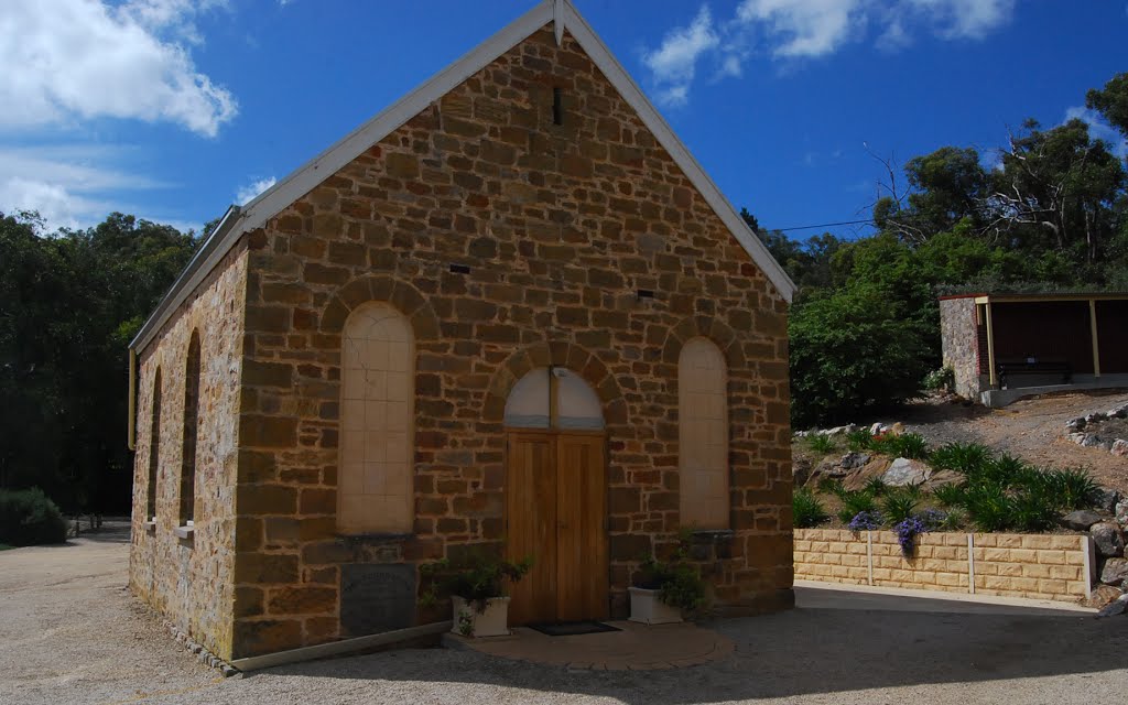 Restored chapel with prominent foundation stone of June 1871 by Phaedrus Fleurieu