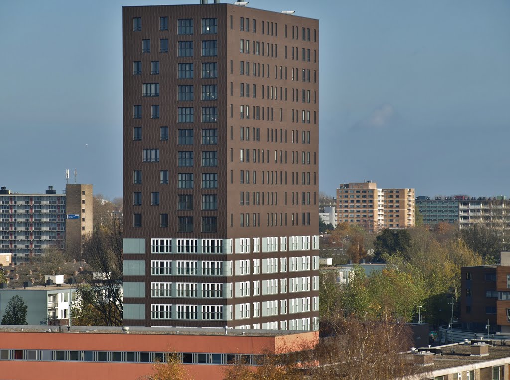 Uitzicht vanaf Zorgcentrum "Veldspaat" van architect Emile Koopmans van Team 4 Architecten, met de woontoren "Fortuna" van Bureau Noordeloos. by Hans R van der Woude