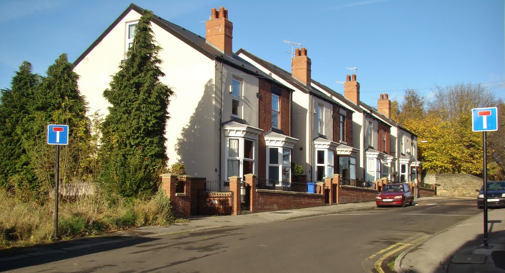 Panorama of semi detached houses and dead end signs on Granby Road, Firth Park, Sheffield S5 by sixxsix