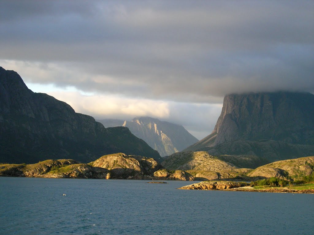 Fantasy books country - where are the trolls?... Leaving Jektvik in mild evening light and crossing polar circle (ferry Jektvik - Kilboghamn) by Tomas K☼h☼ut