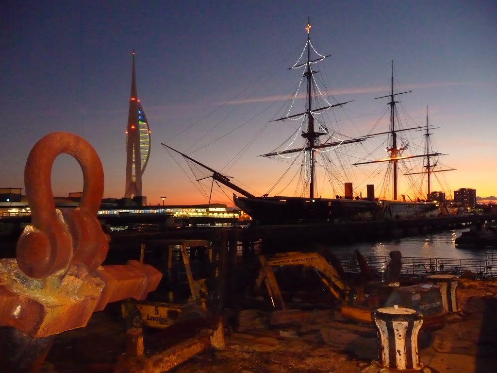 Spinnaker Tower and HMS Warrior shackled by Nick Weall