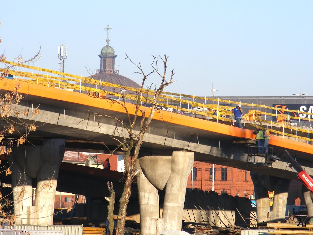 Bydgoszcz - widok budowy wiaduktu nad ulicą Jagielońską by Kazimierz .Mendlik