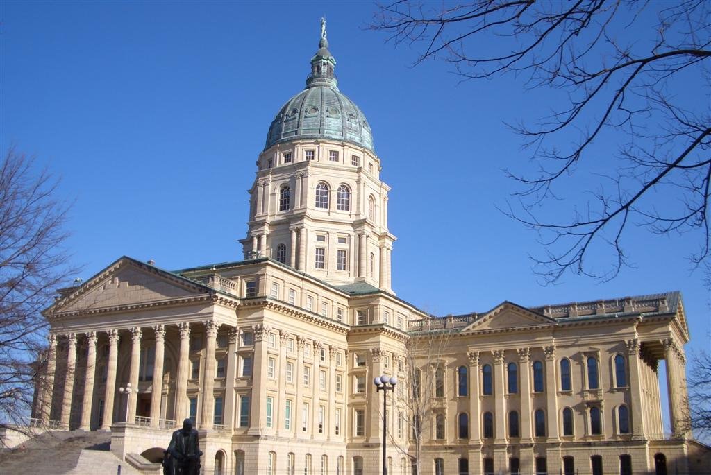 Kansas State Capitol from SE, Lincoln statue at bottom, Topeka, KS by marnox1