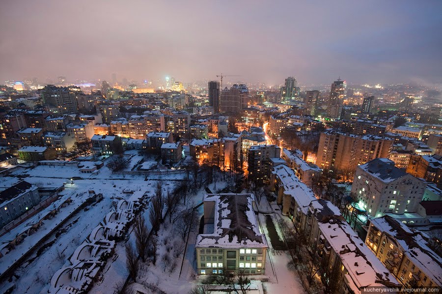 View of Kiev at dusk from the roof of a construction site in Vorovskogo street near the former Sennoi Market by missoni